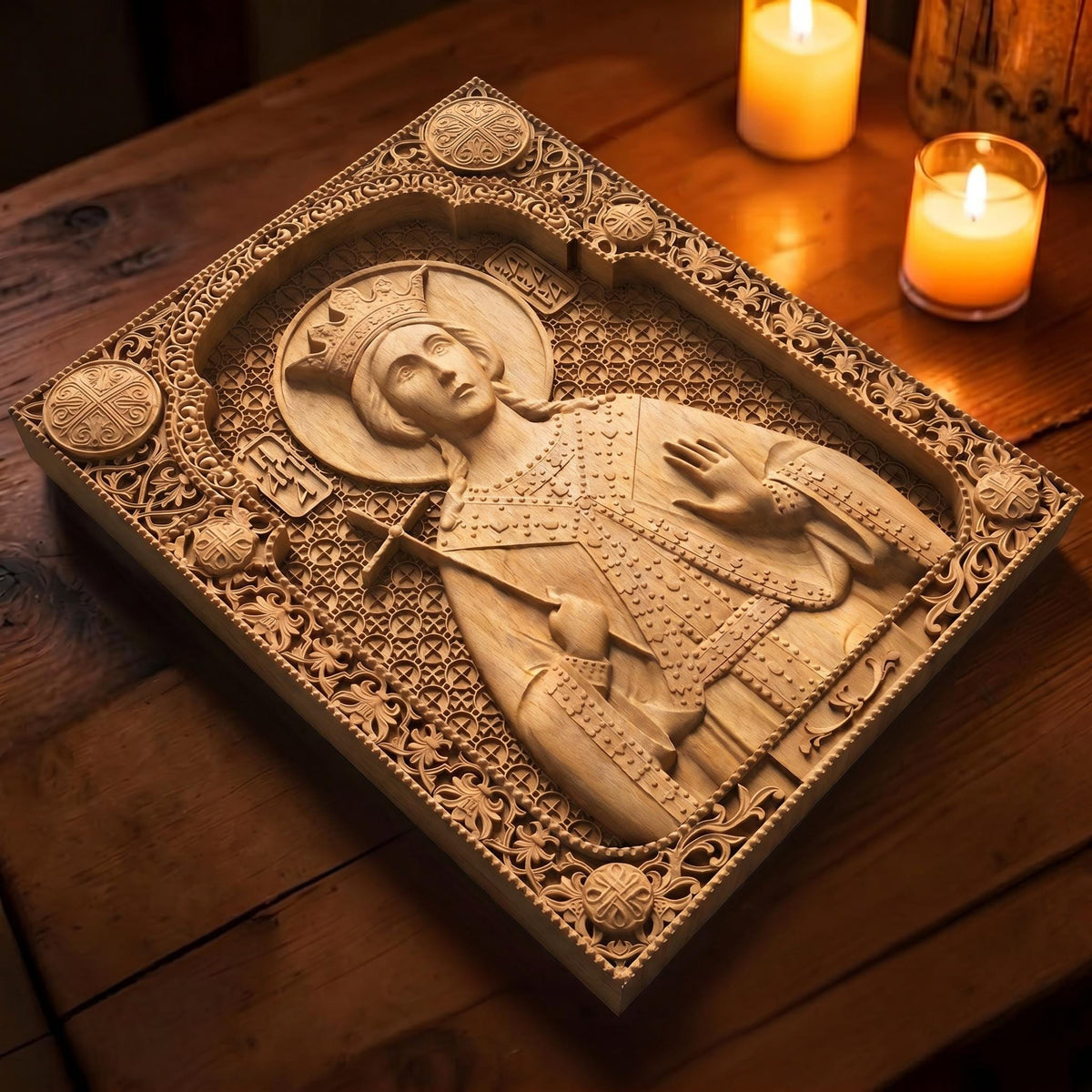 Saint Barbara Wooden Carved Handmade Christian Icon Patron Saint of Artillerymen Cretan Holy Carvings