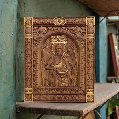 Saint John the Baptist Wooden Carved Handmade Christian Icon. Byzantine Greek Orthodox Home Art Decor.