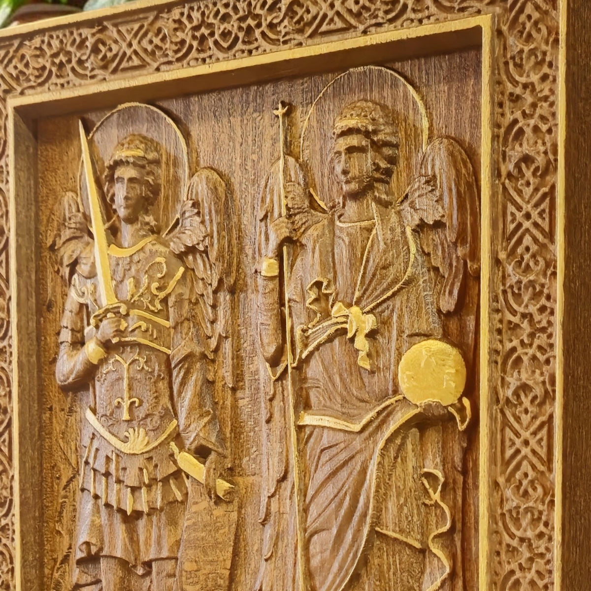 Archangels Michael and Gabriel Wooden Carved Handmade Christian Icon. Byzantine Greek Orthodox Home Decor.