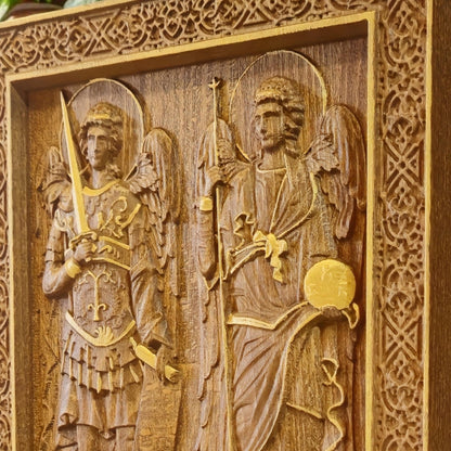 Archangels Michael and Gabriel Wooden Carved Handmade Christian Icon. Byzantine Greek Orthodox Home Decor.