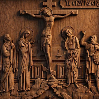 The Crucifixion of Jesus Christ Wooden Carved Handmade Christian Icon | Byzantine Greek Orthodox Home Art Decor