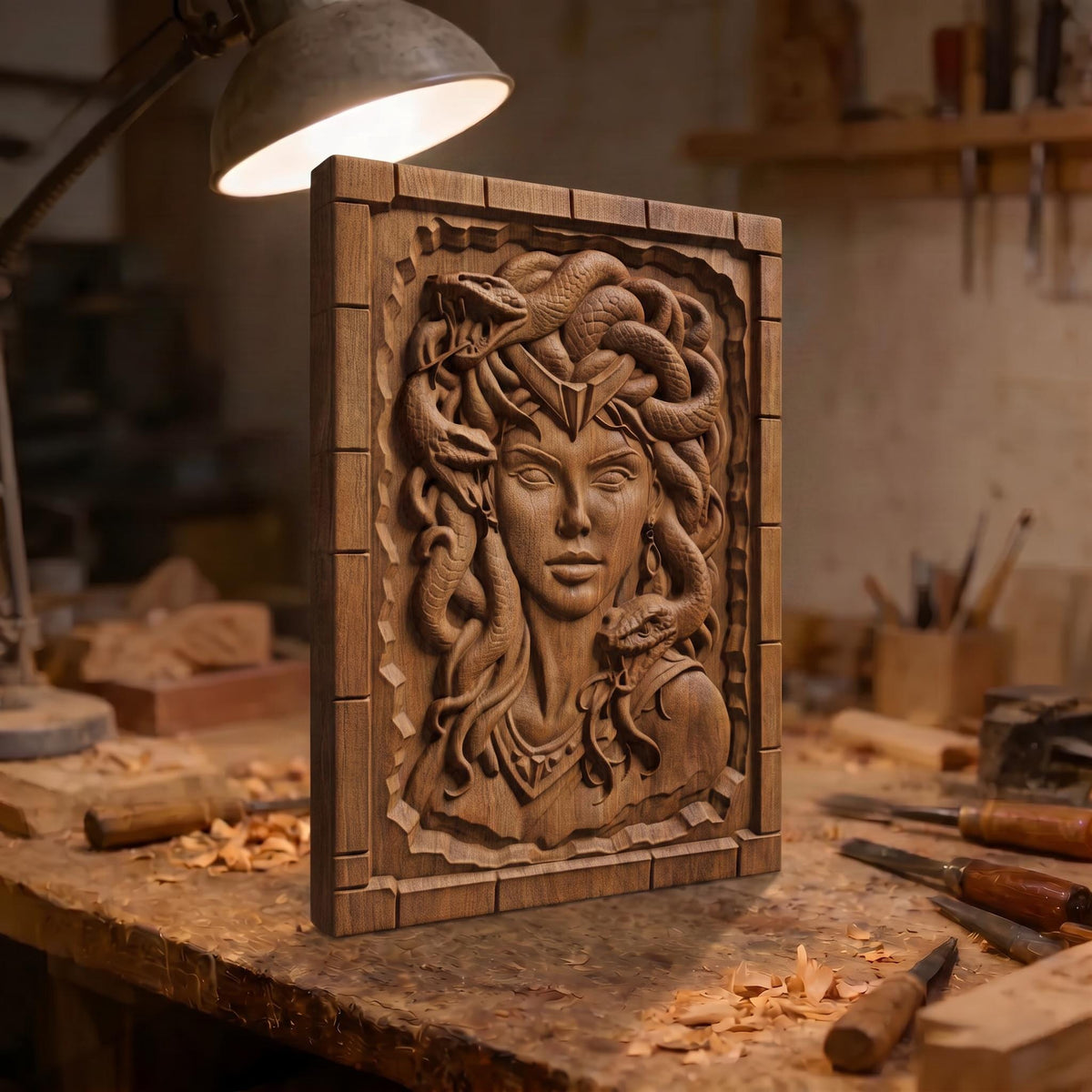 Beautiful Medusa from Ancient Greek Mythology 3D Wooden Bas Relief Panel Art Sculptural Gift Idea Cretan Holy Carvings