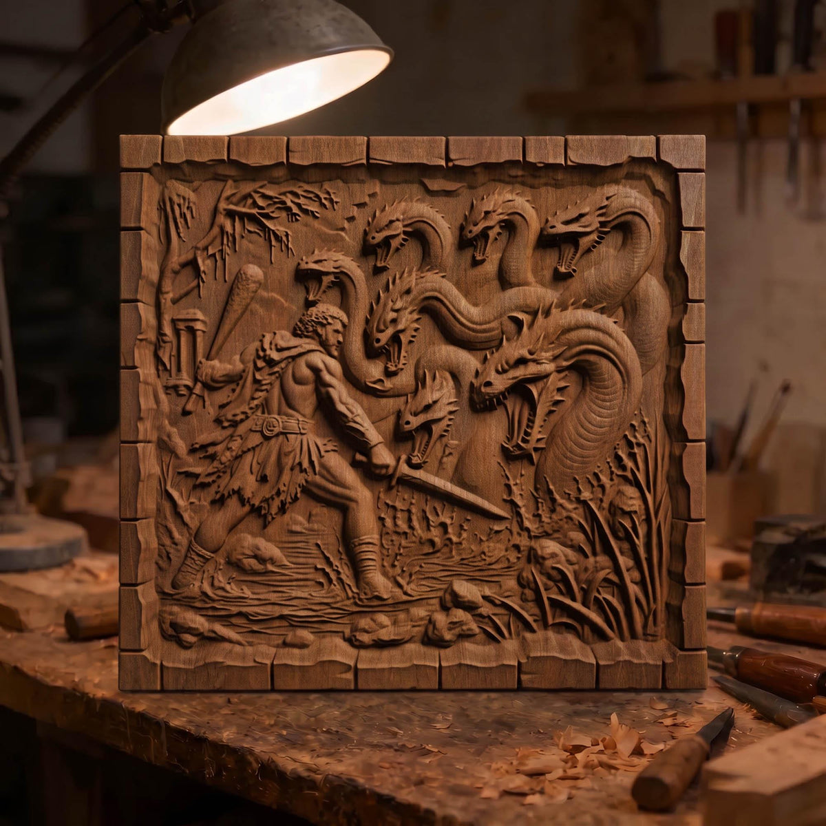 Hercules Fighting the Hydra 3D Wooden Bas Relief Panel Art Sculptural Gift Idea Cretan Holy Carvings