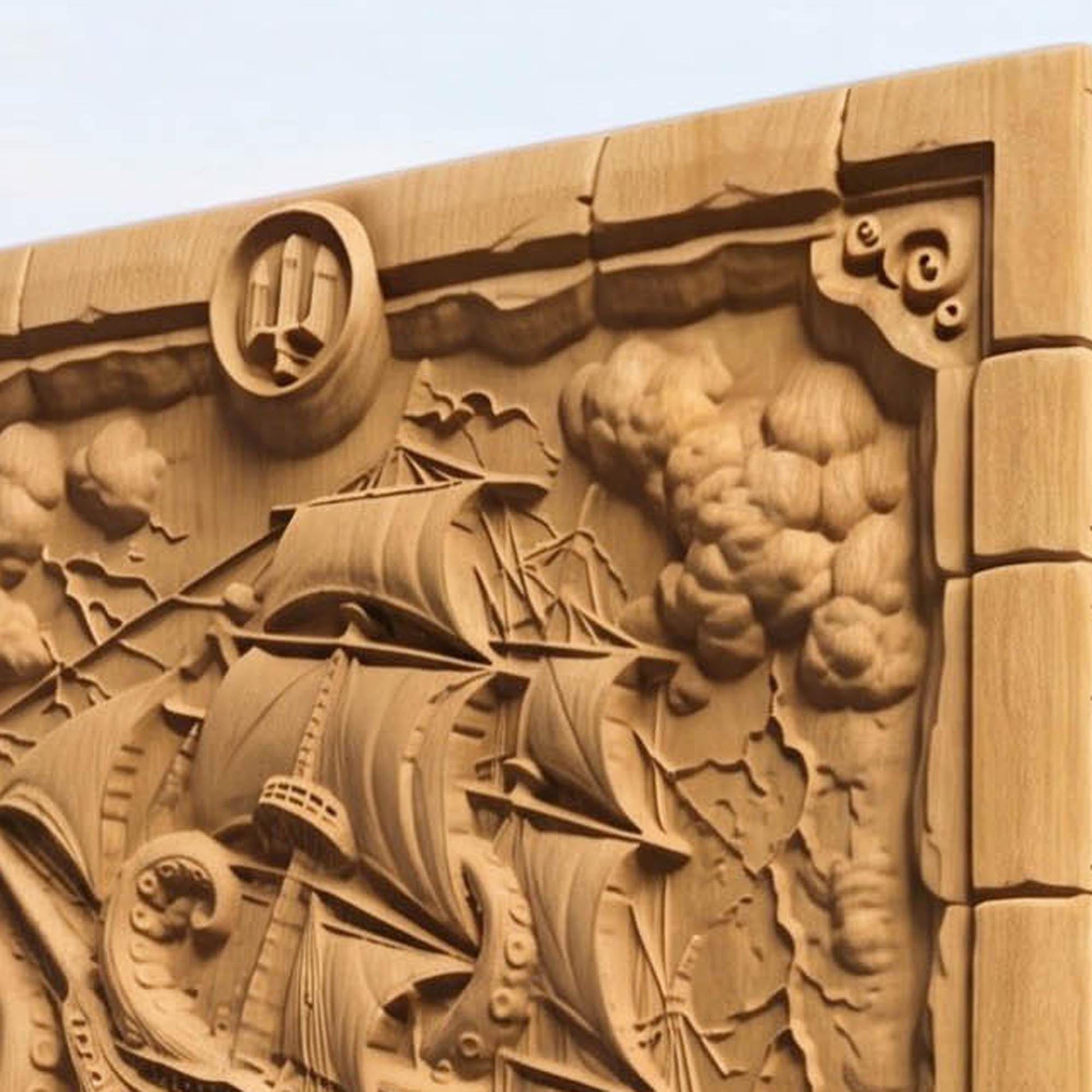 Kraken Drawing a Ship from Ancient Greek Mythology 3D Wooden Bas Relief Panel Art Sculptural Gift Idea Cretan Holy Carvings