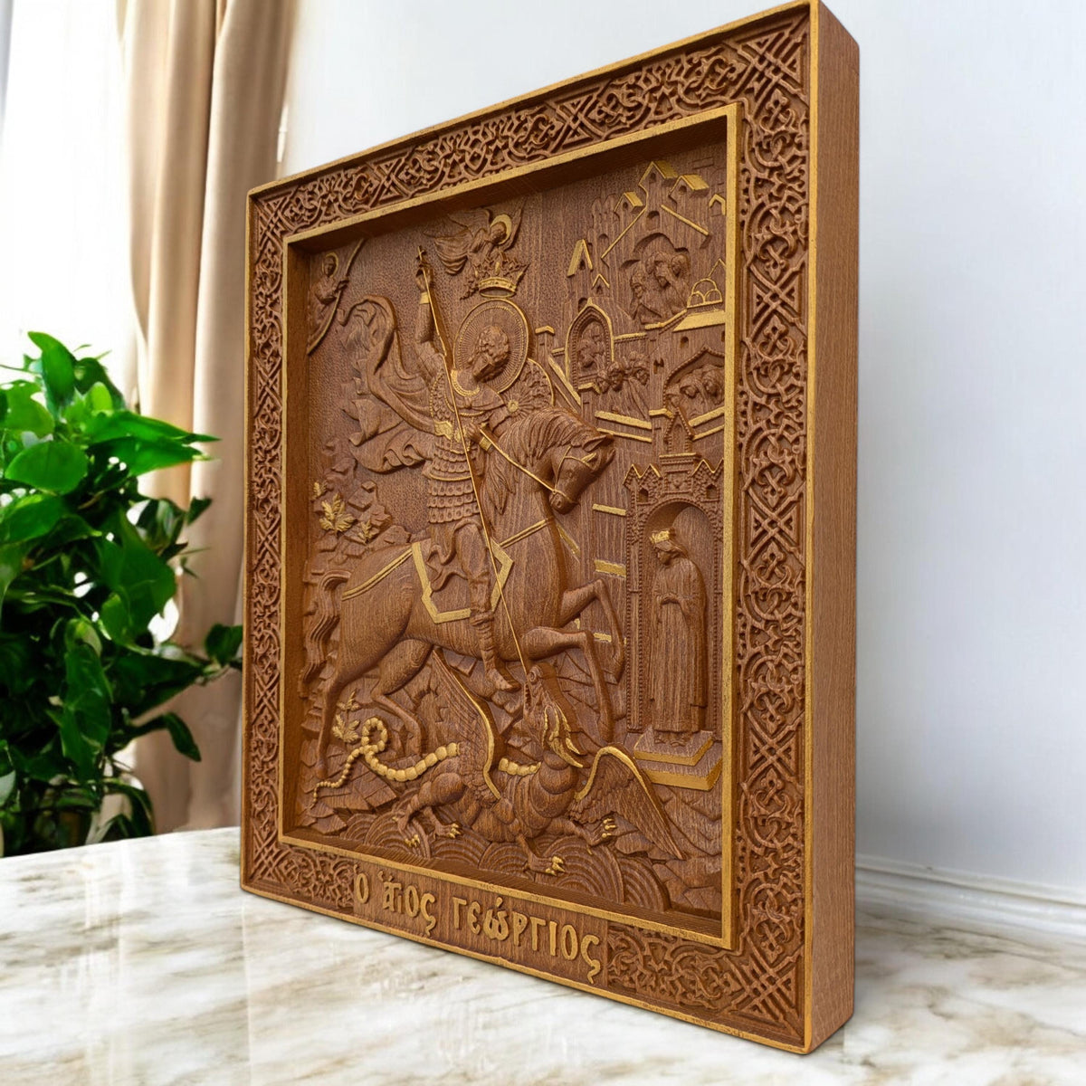 Saint George Wooden Carved Handmade Christian Icon. Byzantine Greek Orthodox Home Art Decor.