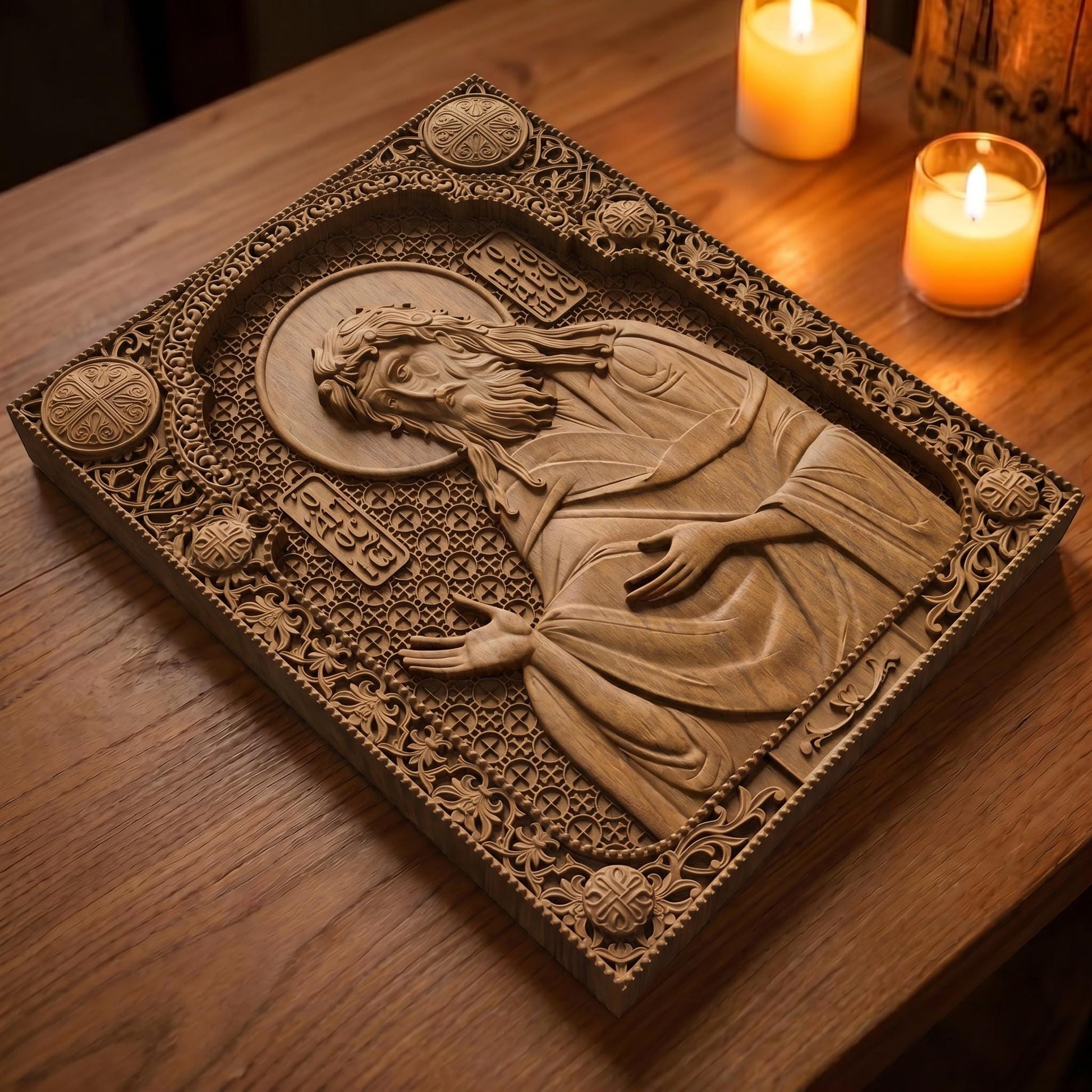 Saint John the Baptist Wooden Carved Handmade Christian Icon Flat Side Natural Wood Color Cretan Holy Carvings