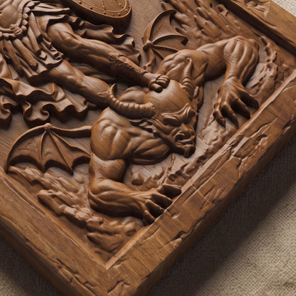 Archangel Michael Victorius Wooden Carved Handmade Christian Icon  Byzantine Greek Orthodox Home Decor Cretan Holy Carvings