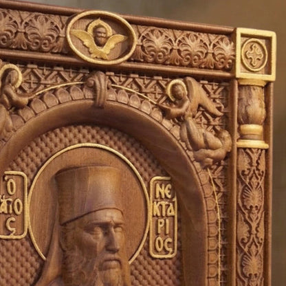 Деревянная резная икона ручной работы "Святой Нектарий Эгинский". Византийский греческий православный домашний декор.