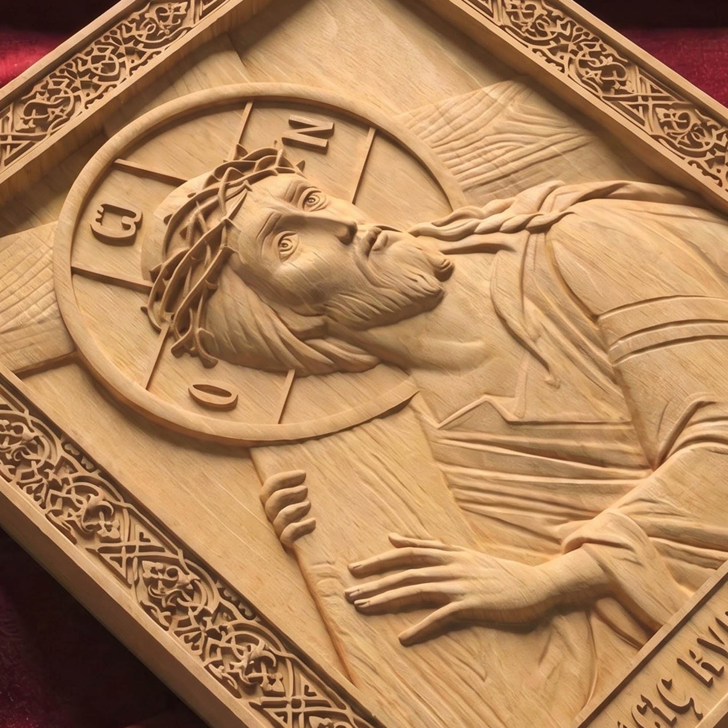 Jesus Christ Ascent to Golgotha Wooden Carved Handmade Christian Icon Flat Side Natural Wood Color Cretan Holy Carvings