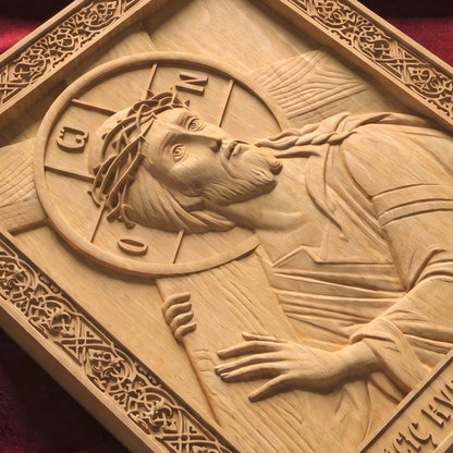 Jesus Christ Ascent to Golgotha Wooden Carved Handmade Christian Icon Flat Side Natural Wood Color Cretan Holy Carvings