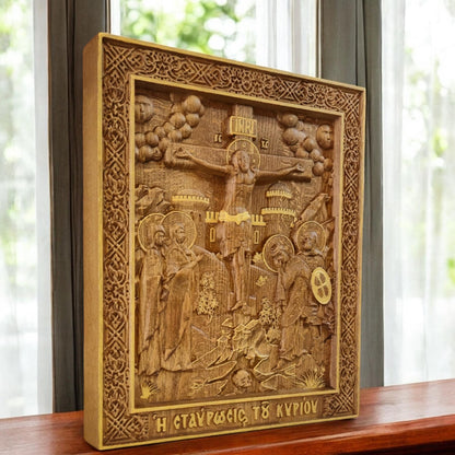 Crucifixion of Jesus Christ Wooden Carved Handmade Christian Icon. Byzantine Greek Orthodox Home Decor.
