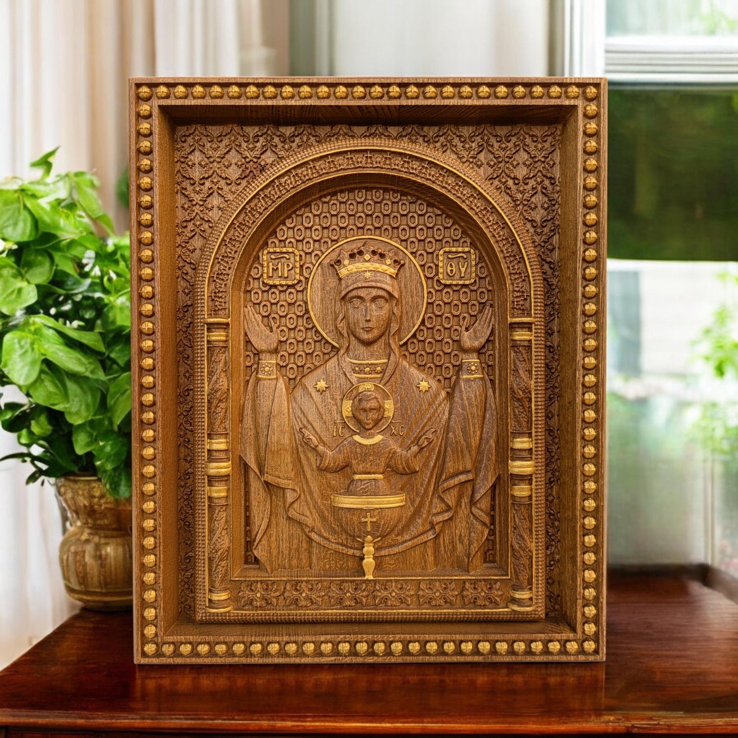 Virgin Mary Fountain of Life Wooden Carved Handmade Christian Icon. Byzantine Greek Home Decor.