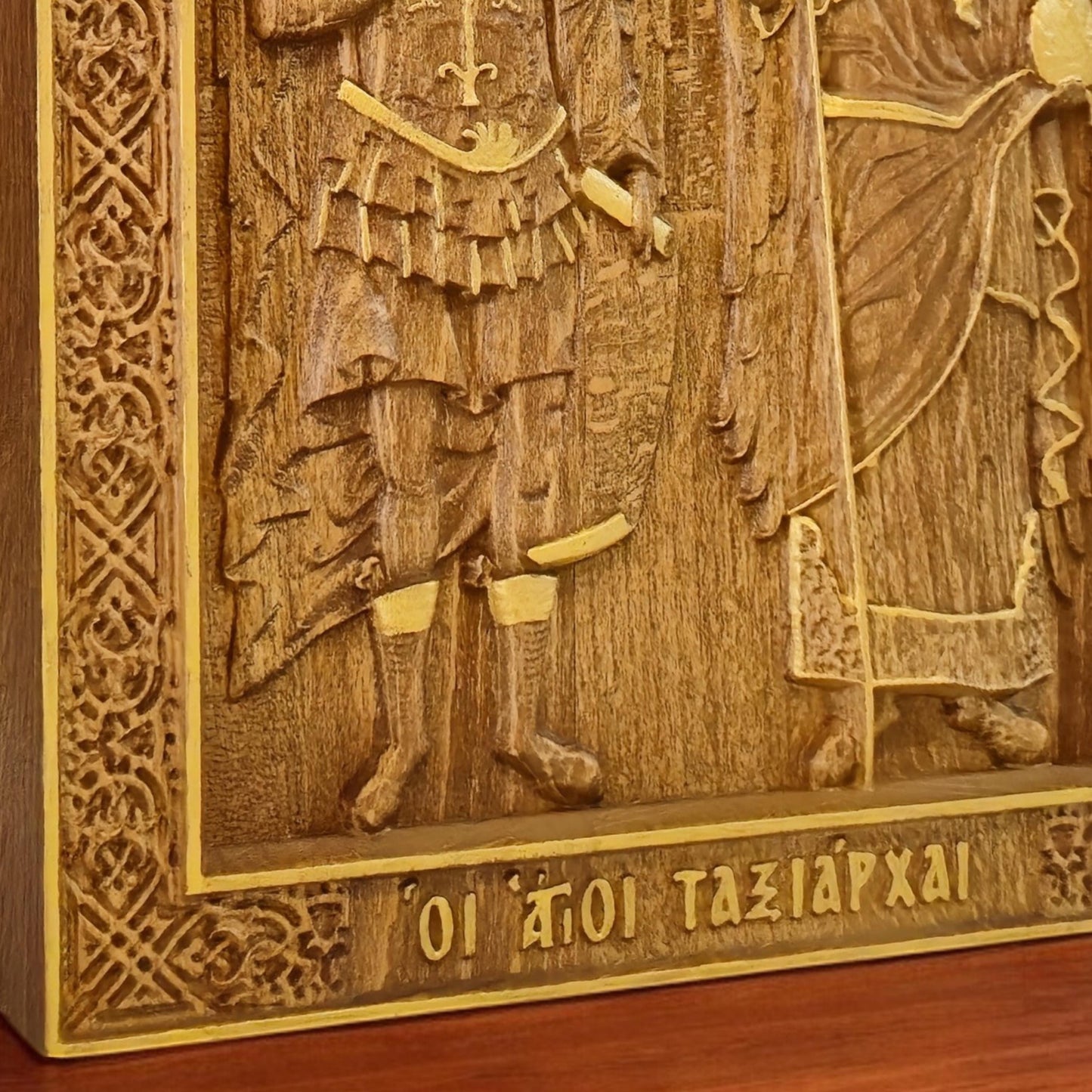 Archangels Michael and Gabriel Wooden Carved Handmade Christian Icon. Byzantine Greek Orthodox Home Decor.