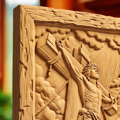 Jesus Crusifixion Wooden Carved Handmade Christian Icon  Byzantine Greek Orthodox Home Art Decor Cretan Holy Carvings