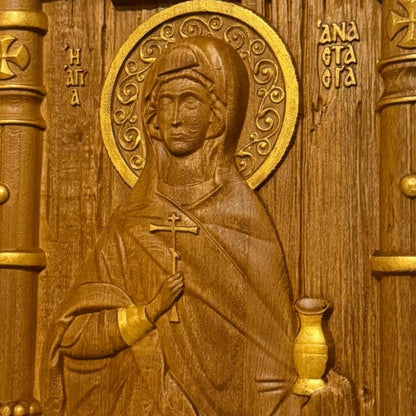 Saint Anastasia Wooden Carved Handmade Christian Icon. Byzantine Greek Orthodox Home Art Decor.