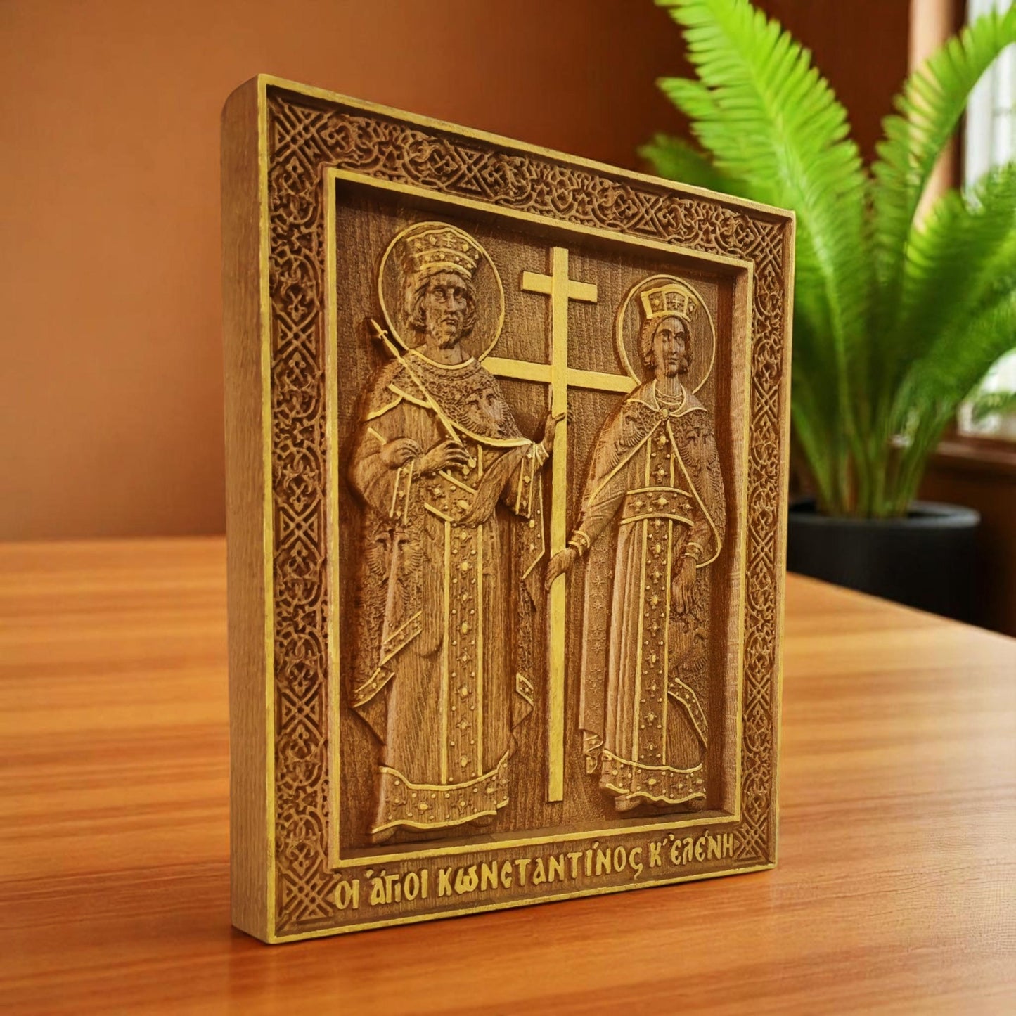 Saints Constantine and Helena Wooden Carved Handmade Christian Icon. Byzantine Greek Orthodox Home Decor.