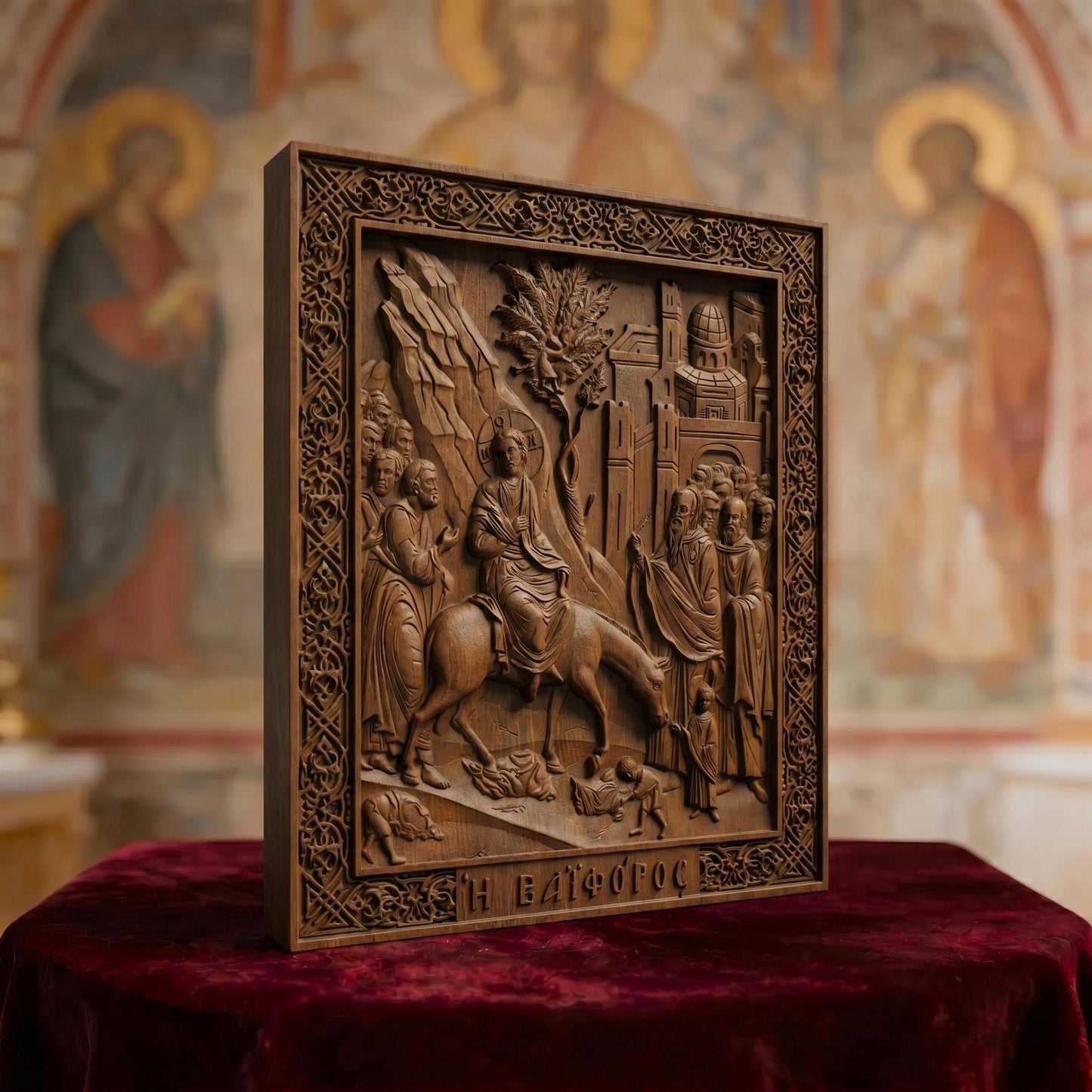 Jesus Christ Triumphal Entry  Wooden Carved Handmade Christian Icon Left Side Brown Oak Cretan Holy Carvings