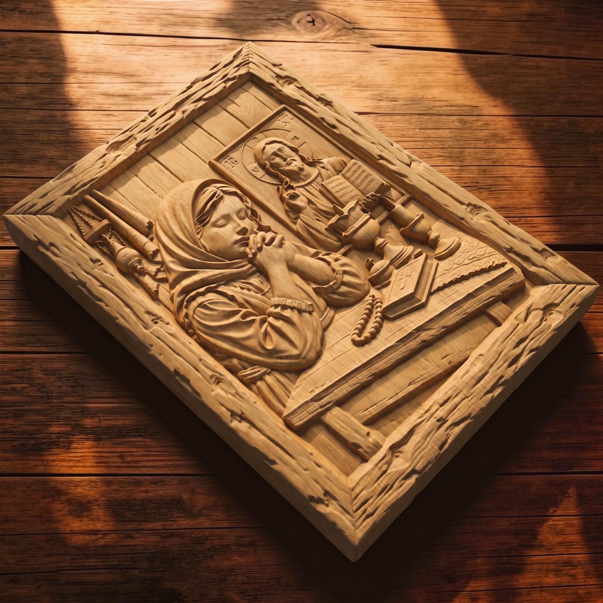 Young Girl Praying Wooden Carved Handmade Christian Icon  Byzantine Greek Orthodox Home Decor Cretan Holy Carvings