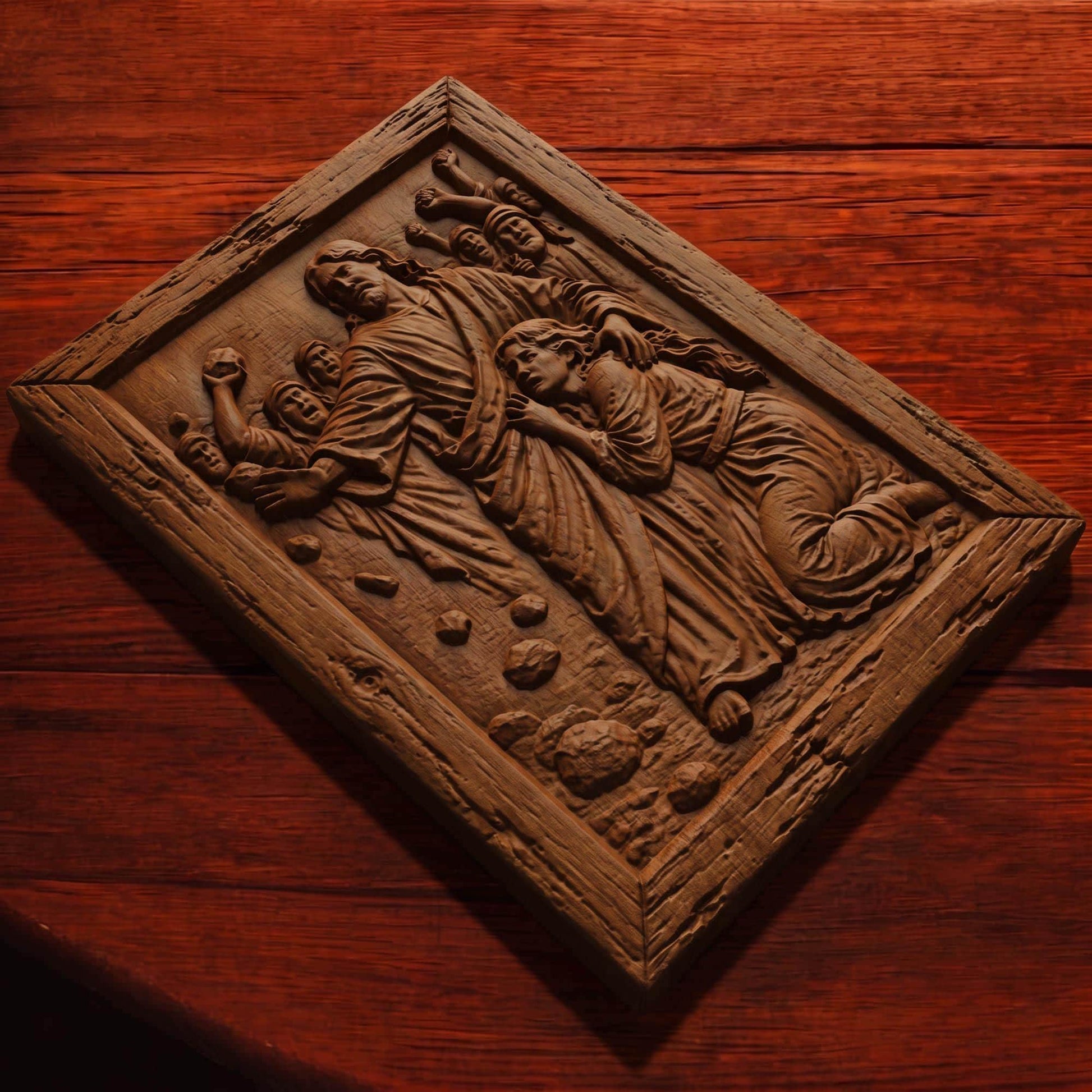 Jesus Christ Protects the Sinful Woman Wooden Carved Handmade Christian Icon  Byzantine Greek Orthodox Home Art Decor Cretan Holy Carvings