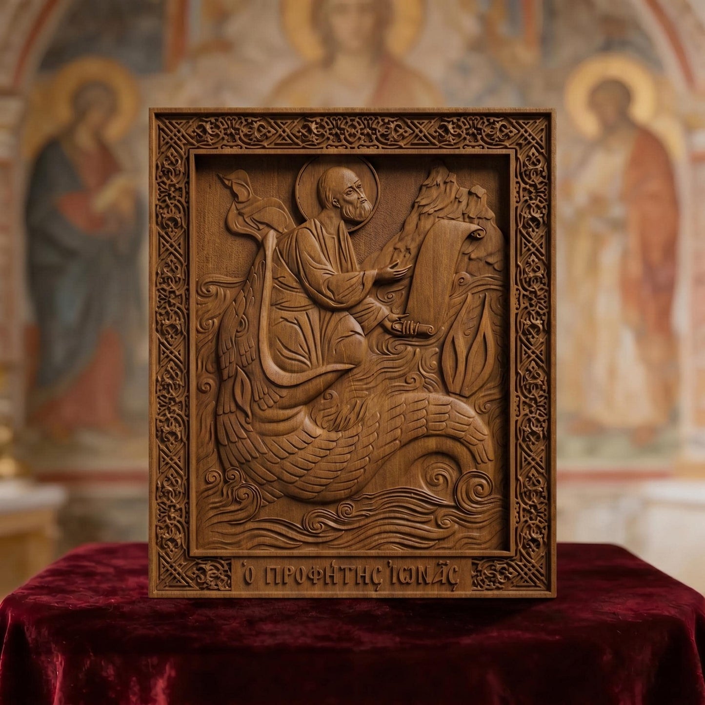 Prophet Jonah Wooden Carved Handmade Christian Icon. Byzantine Greek Orthodox Home Decor.