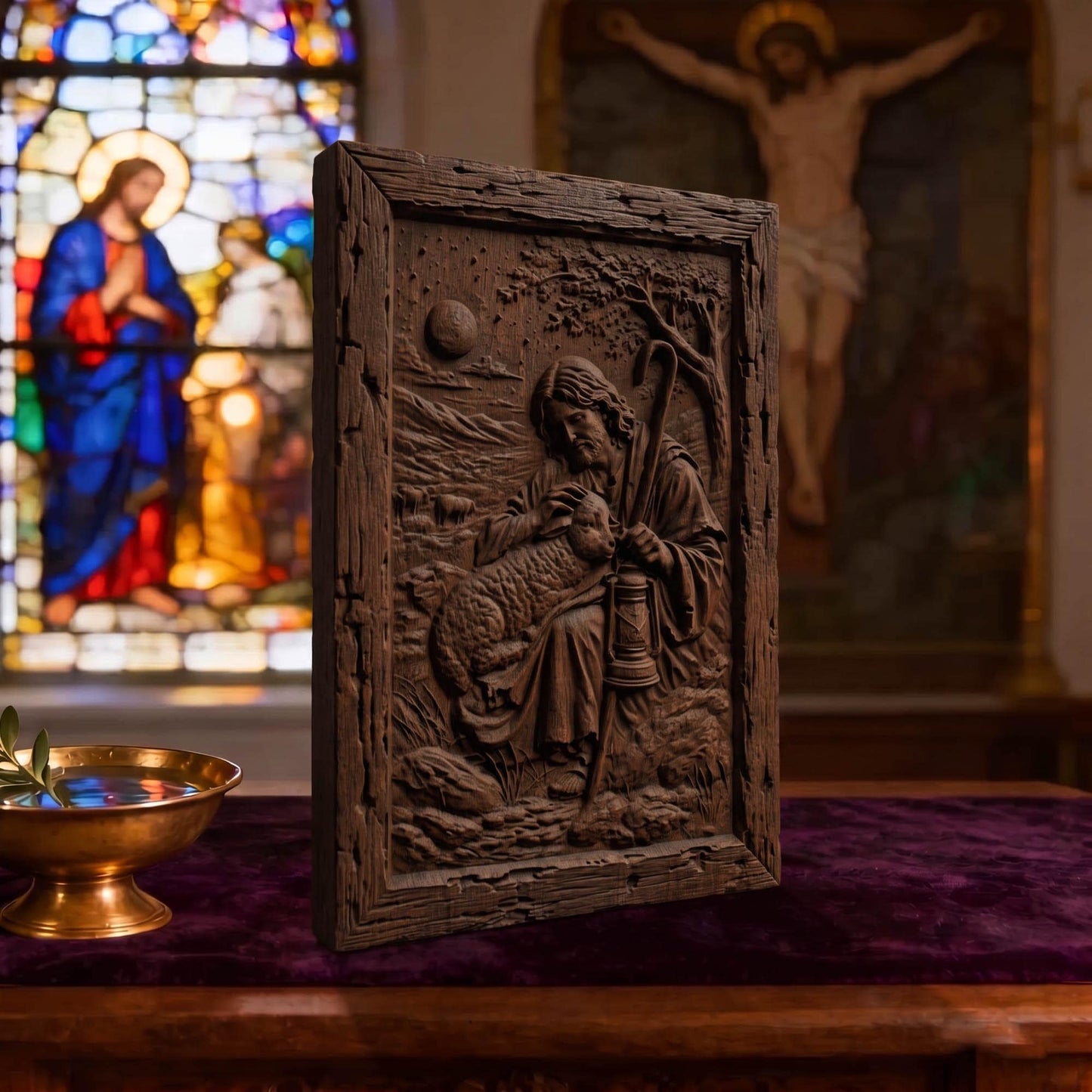 Jesus Christ the Shepherd Wooden Carved Handmade Christian Icon  Byzantine Greek Orthodox Home Decor Cretan Holy Carvings