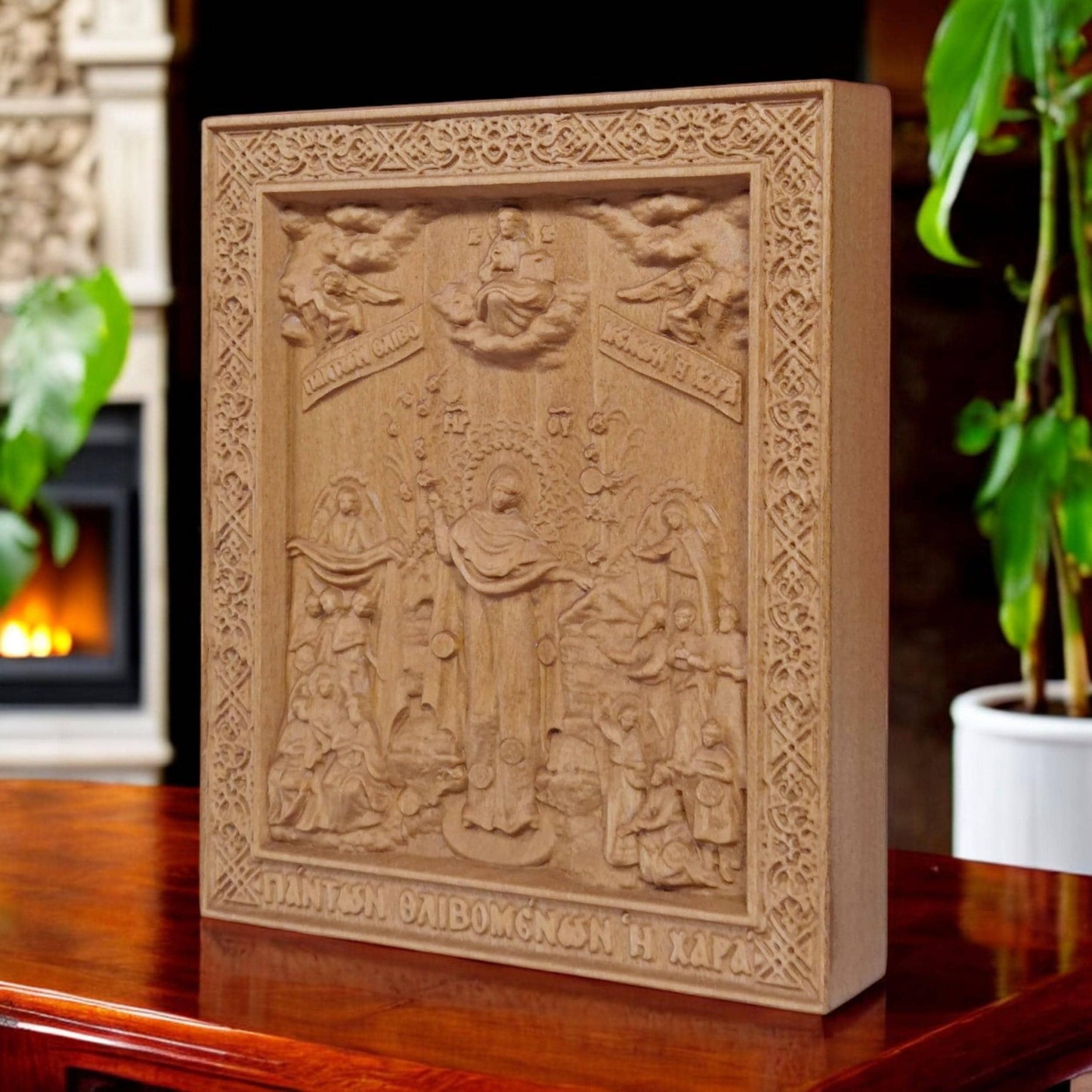 Mother of God Joy of All Who Sorrow Wooden Carved Handmade Christian Icon. Byzantine Greek Orthodox Home Art Decor.