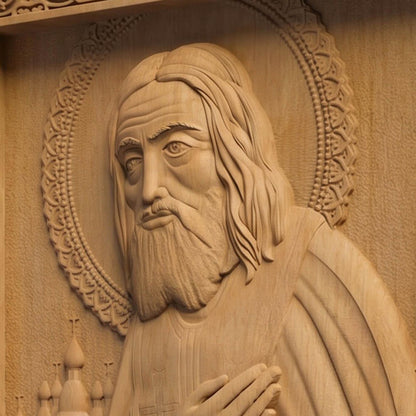 Saint Seraphim of Sarov Wooden Carved Handmade Christian Wooden Carved Handmade Christian Icon Right Side Natural Wood Color Cretan Holy Carvings