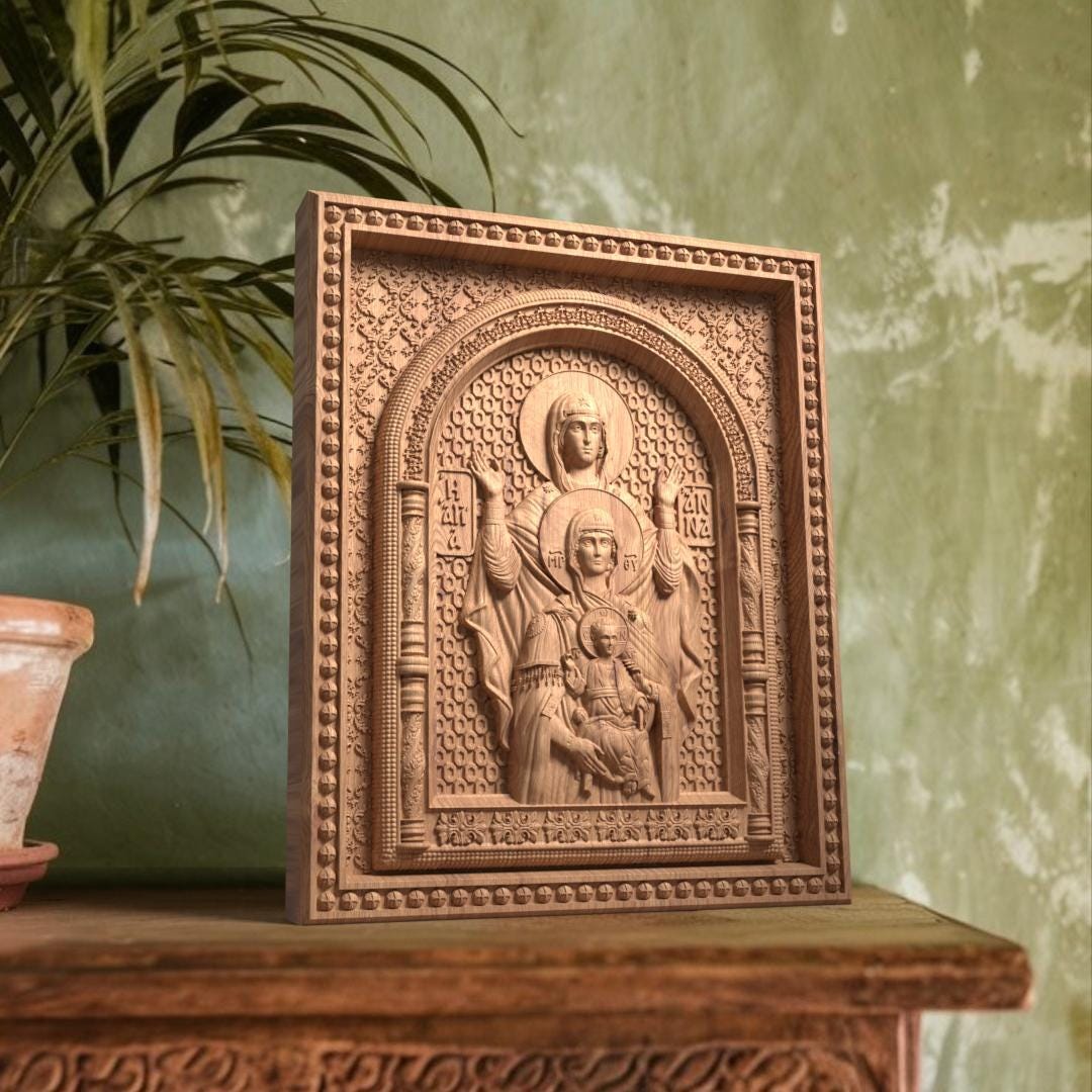 Virgin Mary St Anne and Baby Jesus Wooden Carved Handmade Christian Icon. Byzantine Decor.