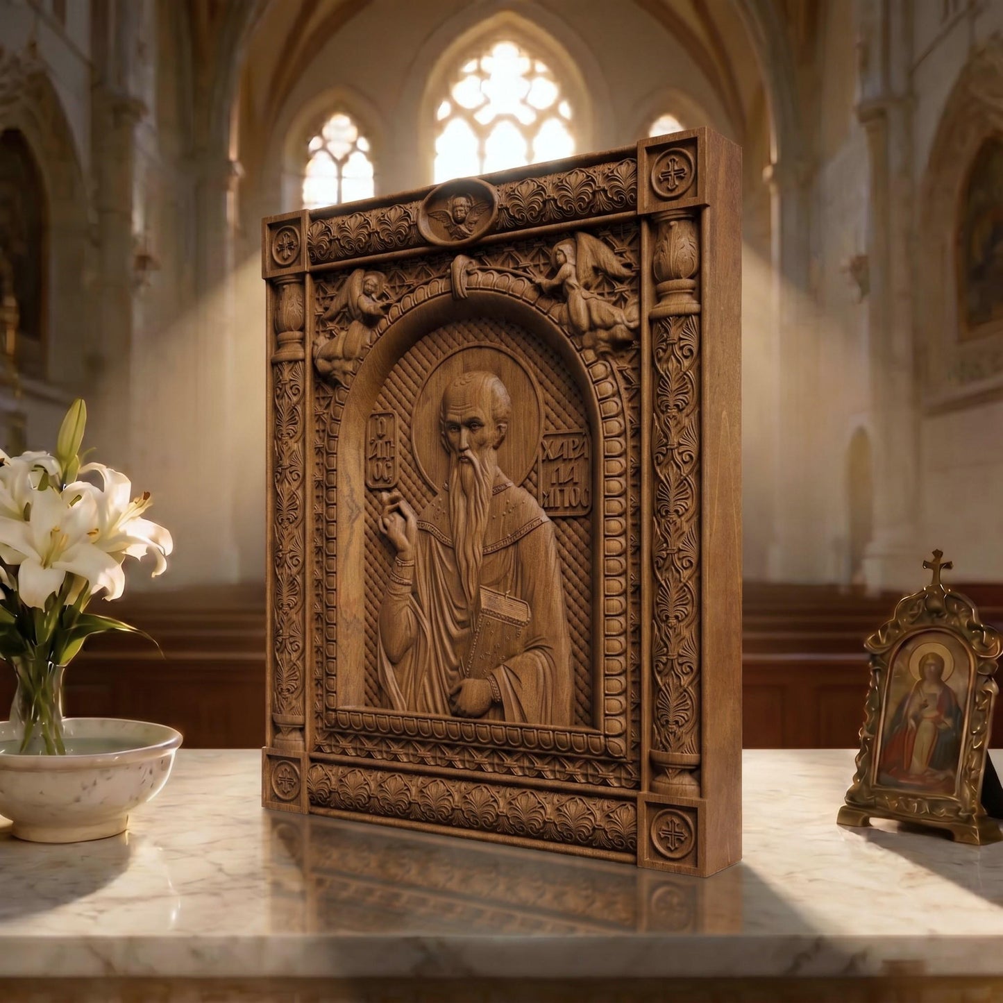 Saint Charalambos Wooden Carved Handmade Christian Icon | Byzantine Greek Orthodox Home Art Decor
