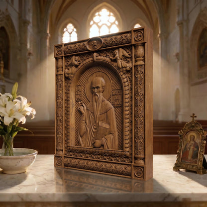 Saint Charalambos Wooden Carved Handmade Christian Icon | Byzantine Greek Orthodox Home Art Decor