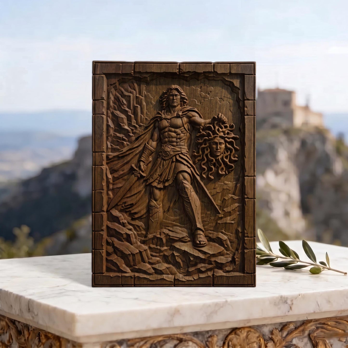 Perseus Cut Medusa's Head from Ancient Greek Mythology 3D Wooden Bas Relief Panel Art Sculptural Gift Idea Cretan Holy Carvings