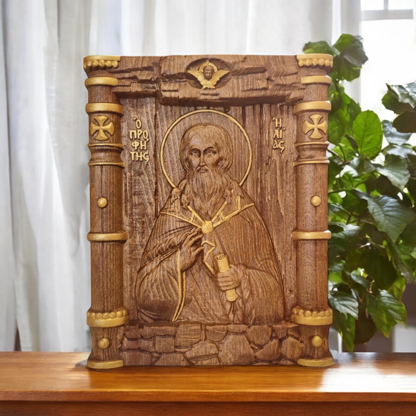 Prophet Elijah Wooden Carved Handmade Christian Icon. Byzantine Greek Orthodox Home Art Decor.
