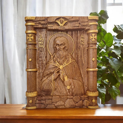 Prophet Elijah Wooden Carved Handmade Christian Icon. Byzantine Greek Orthodox Home Art Decor.