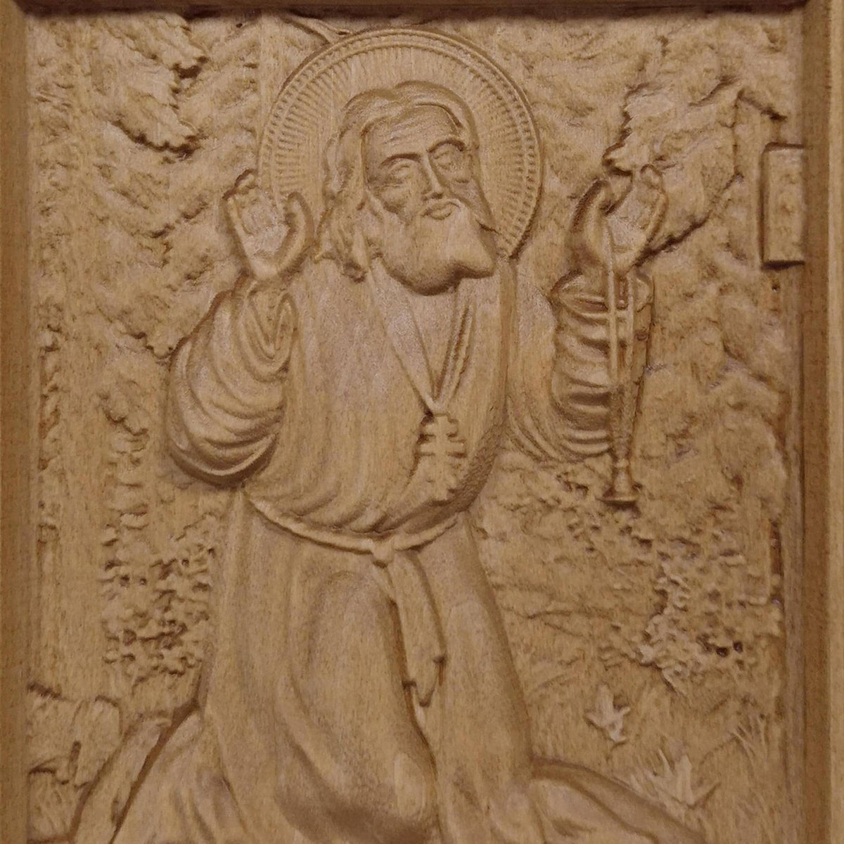 Saint Seraphim of Sarov Wooden Carved Handmade Christian Icon. Byzantine Greek Orthodox Home Decor.