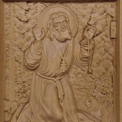Saint Seraphim of Sarov Wooden Carved Handmade Christian Icon. Byzantine Greek Orthodox Home Decor.