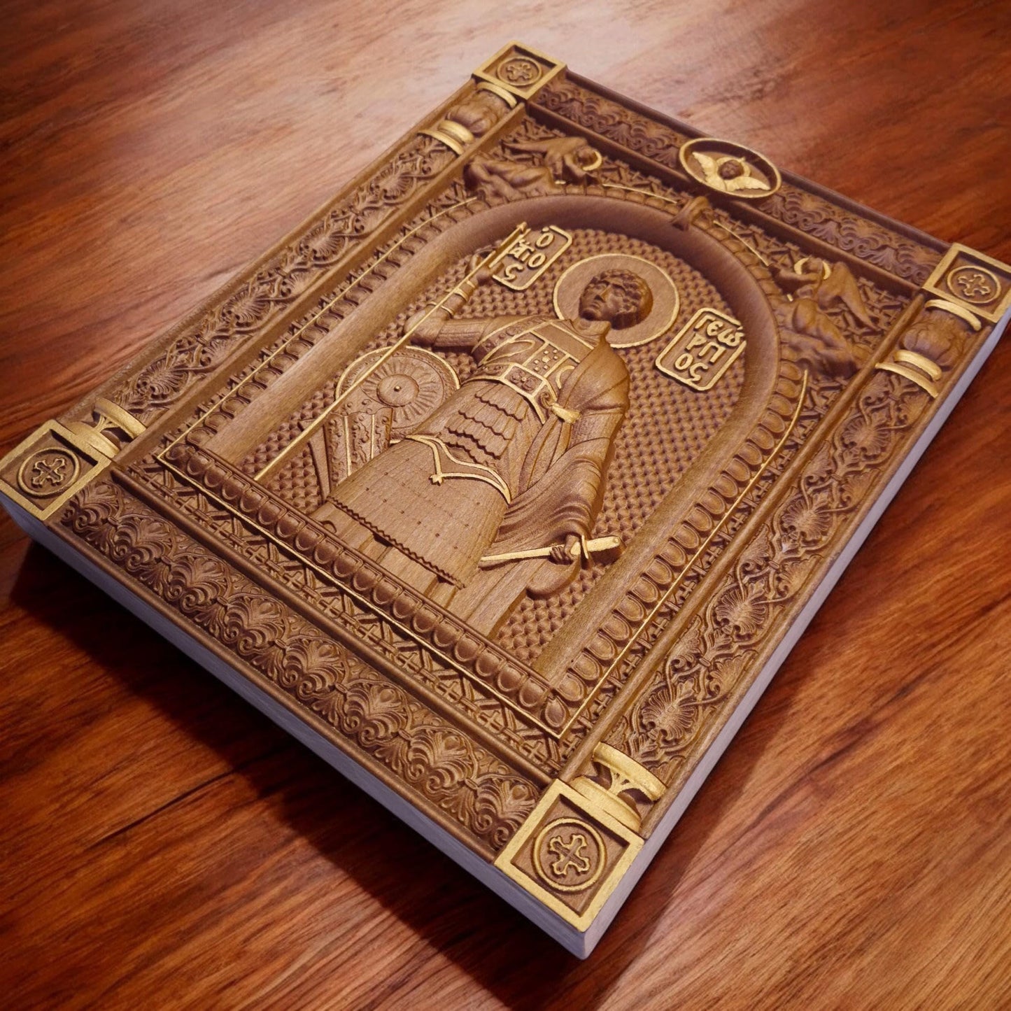 Saint George Wooden Carved Handmade Christian Icon. Byzantine Greek Orthodox Home Art Decor.