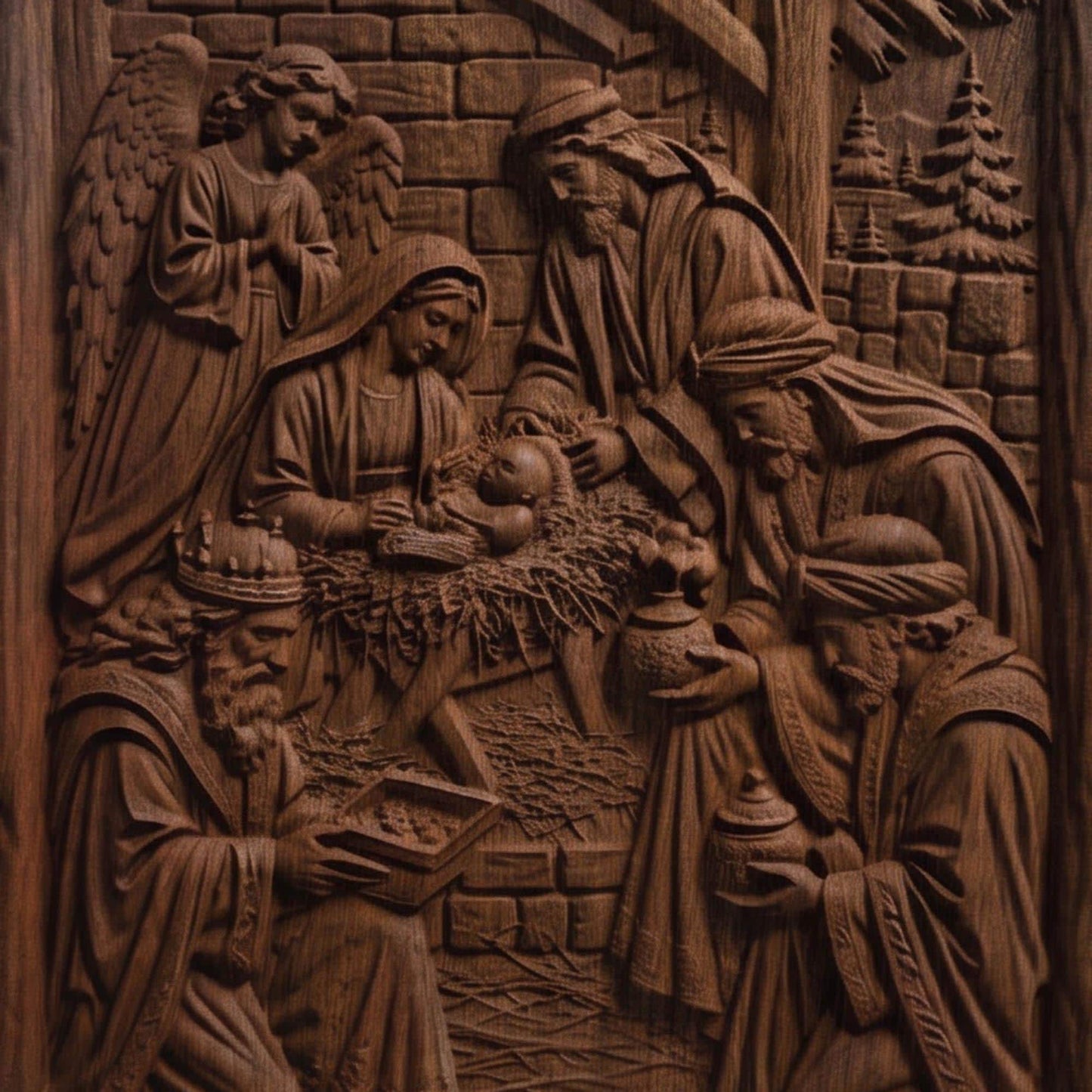 Jesus Christ and the Three Magicians Wooden Carved Handmade Christian Icon  Byzantine Greek Orthodox Home Decor Cretan Holy Carvings