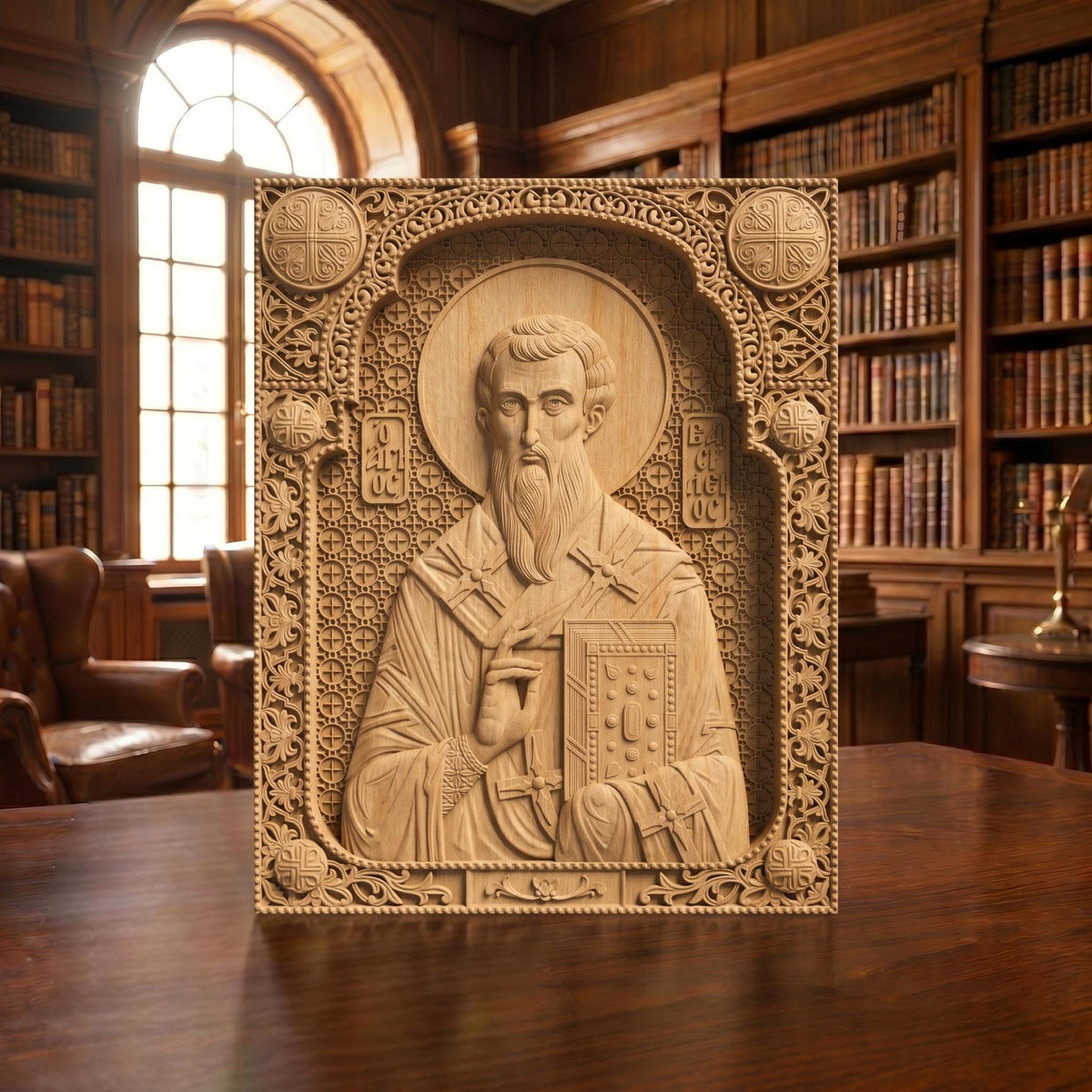 Saint Basil the Great Wooden Carved Handmade Christian Icon Patron Saint of the Poor Front Side Natural Wood Color Cretan Holy Carvings