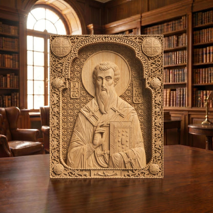 Saint Basil the Great Wooden Carved Handmade Christian Icon Patron Saint of the Poor Front Side Natural Wood Color Cretan Holy Carvings