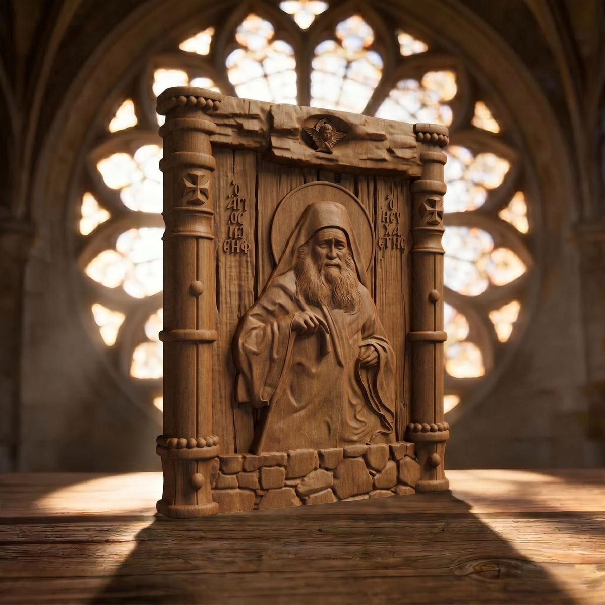 Saint Joseph the Hesychast Wooden Carved Handmade Christian Icon Left Side Brown Oak Cretan Holy Carvings