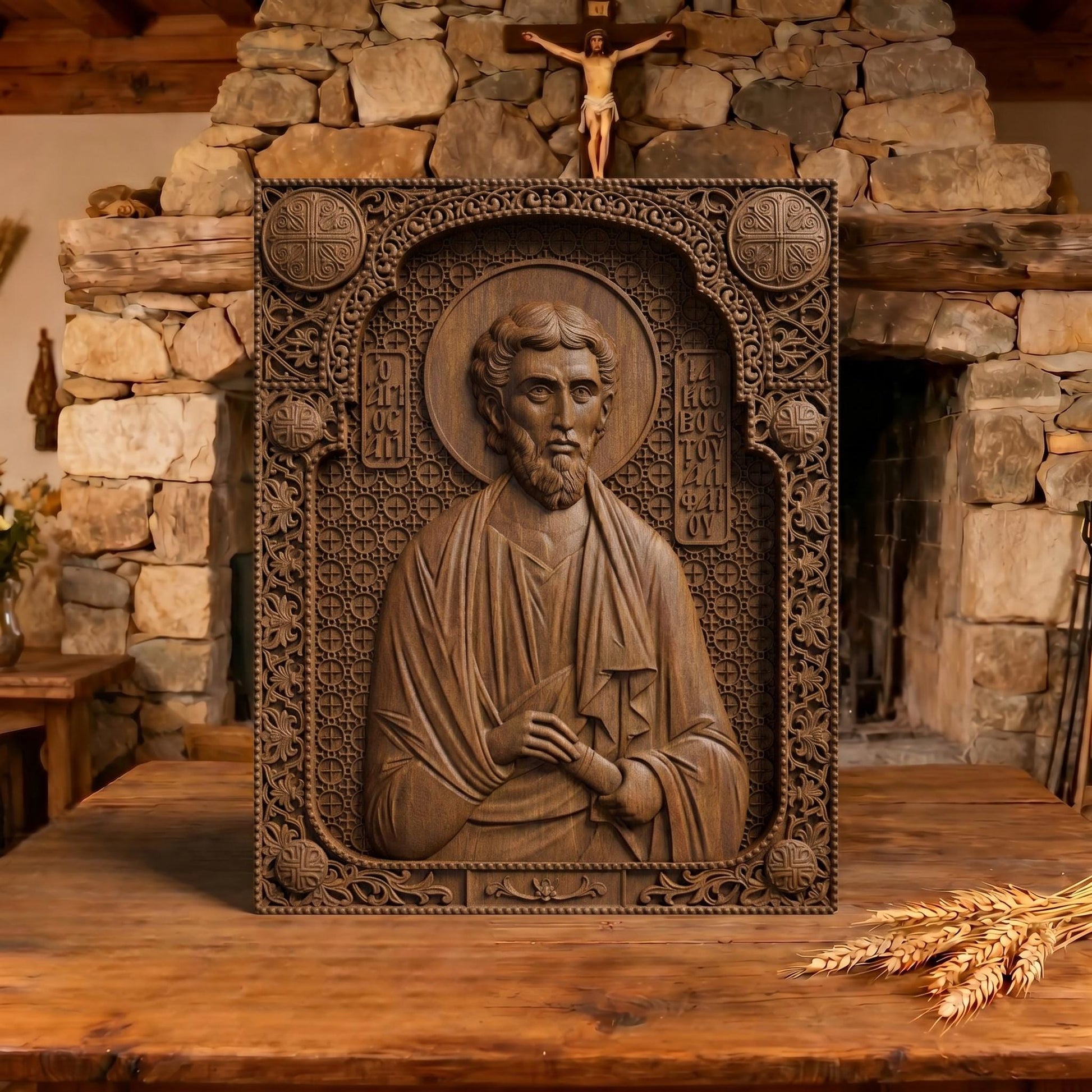 Saint James of Alphaeus the Apostle Wooden Carved Handmade Christian Icon Patron Saint of Pharmacists Front Side Brown Oak Cretan Holy Carvings