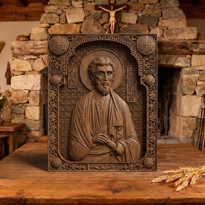 Saint James of Alphaeus the Apostle Wooden Carved Handmade Christian Icon Patron Saint of Pharmacists Front Side Brown Oak Cretan Holy Carvings