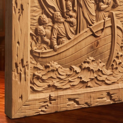 Jesus Calming the Sea Wooden Carved Handmade Christian Icon  Byzantine Greek Orthodox Home Decor Cretan Holy Carvings