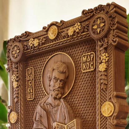 Mark the Evangelist Wooden Carved Handmade Christian Icon. Byzantine Greek Orthodox Home Art Decor.
