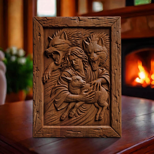 Jesus Christ Saves from the Wolves Wooden Carved Handmade Christian Icon  Byzantine Greek Orthodox Home Art Decor Cretan Holy Carvings