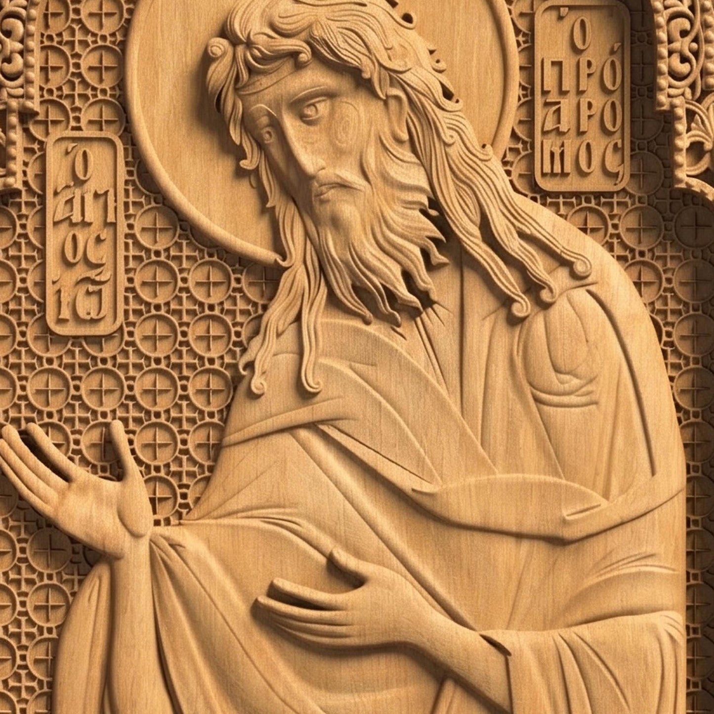 Saint John the Baptist Wooden Carved Handmade Christian Icon Front Side Natural Wood Color Cretan Holy Carvings