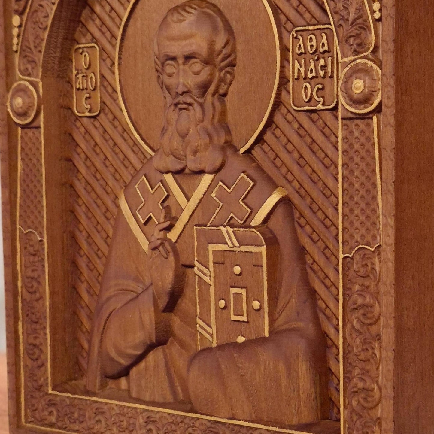 Saint Athanasius of Alexandria Wooden Carved Handmade Christian Icon. Byzantine Greek Orthodox Home Decor.