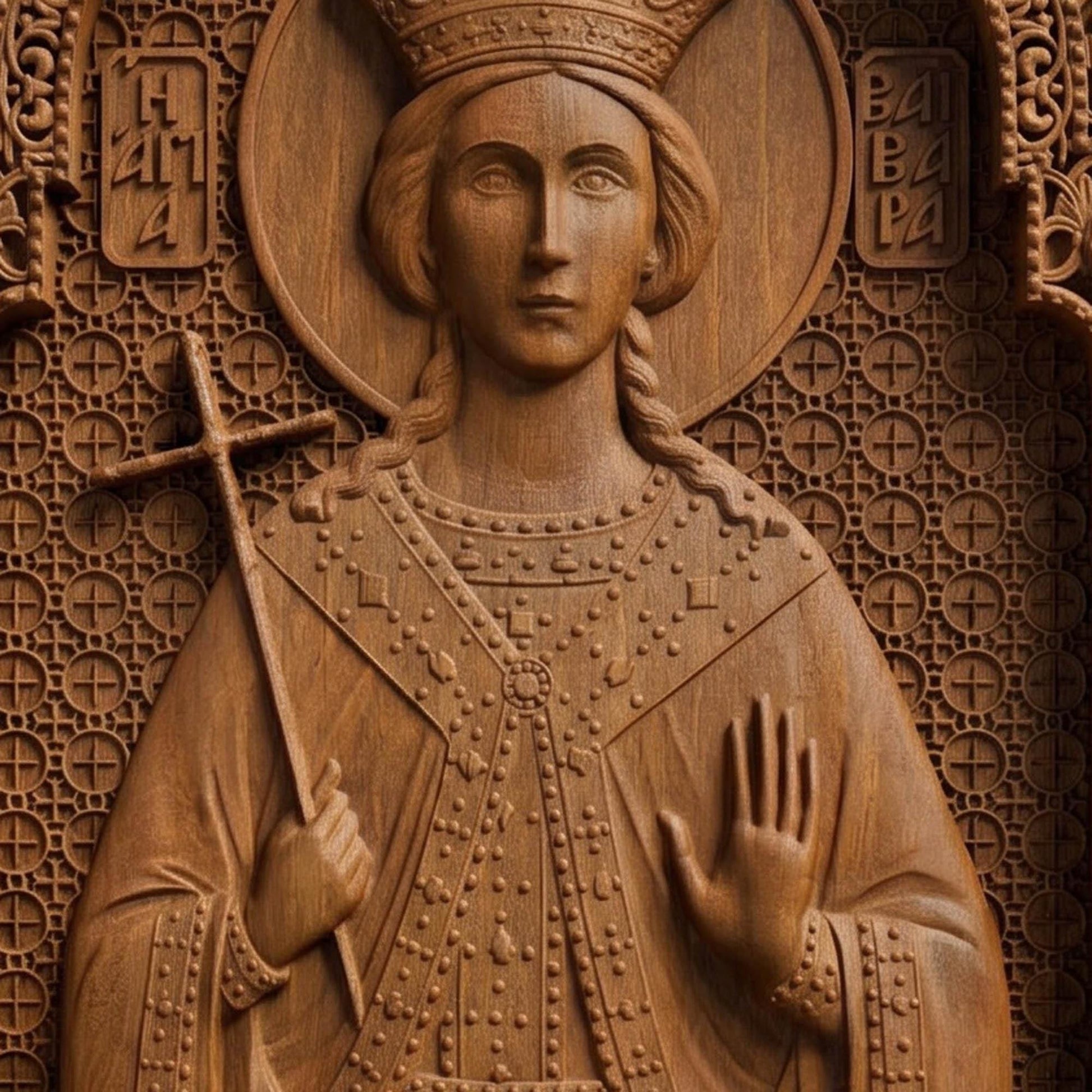 Saint Barbara Wooden Carved Handmade Christian Icon Patron Saint of Artillerymen Cretan Holy Carvings