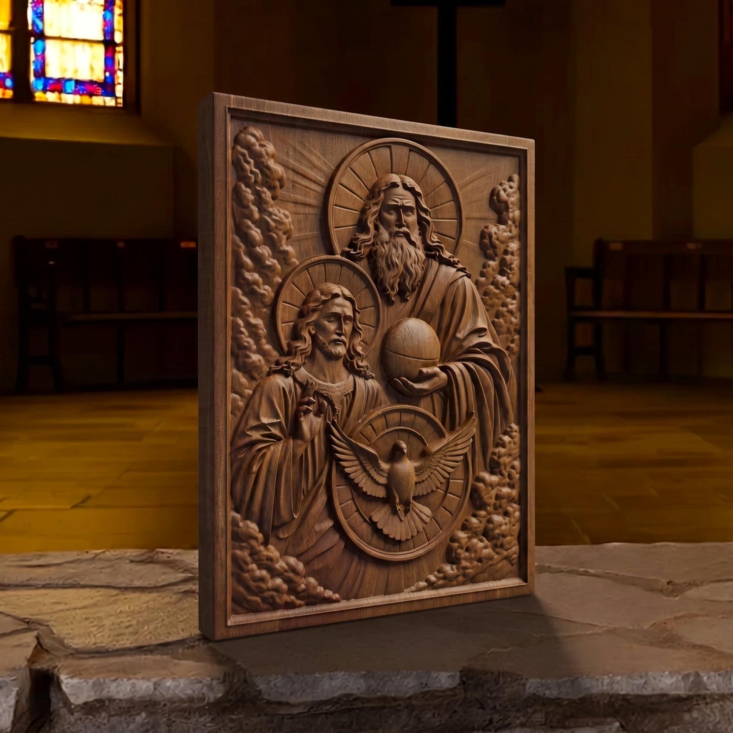 Holy Trinity Wooden Carved Handmade Christian Icon  Byzantine Greek Orthodox Home Decor Cretan Holy Carvings