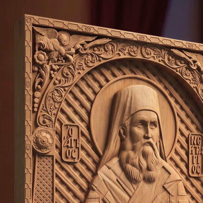 Saint Nectarios of Aegina Wooden Carved Handmade Christian Icon | Byzantine Greek Orthodox Home Art Decor